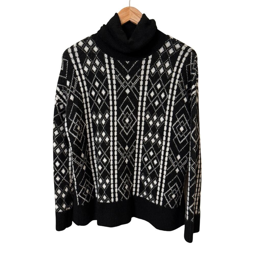 Loft Wool Blend Fair Isle Turtleneck Sweater Womens Sz Medium Winter Black White